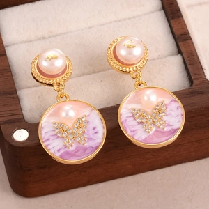 Baroque pearl earrings with golden butterfly and pink enamel floral design