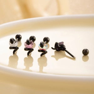 Vintage black snake stud earrings with zircon heart gems and secure screw back design