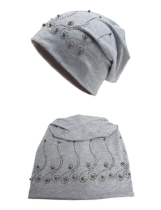 Close-up of gray slouchy beanie featuring elegant rhinestone swirl patterns on fabric