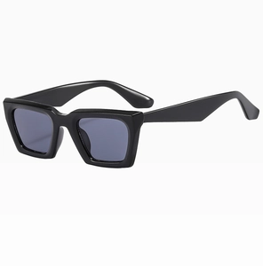 Side view of square black frame sunglasses with dark grey lenses on white background