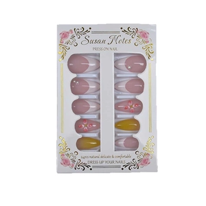 24pcs almond press on nails with 3D floral designs, pink French tips and pearl accents