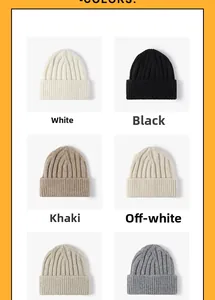 Detail showcasing six colors of thick jacquard knit beanies with ribbed texture for winter