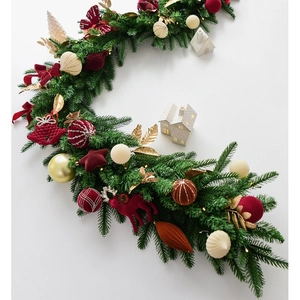 2.7m velvet ball Christmas garland with red elk and golden leaves on white background