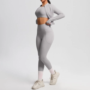 Graues Yoga-Set Dreiteiler mit hoch taillierter Leggings, Taschen und Reißverschlussjacke
