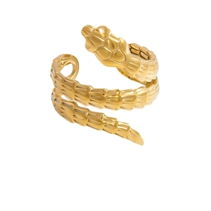 Minimalist gold snake-shaped stainless steel ring with detailed scales on white background