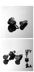 Detailed views of black stainless steel screw-shaped earrings with goat head design details