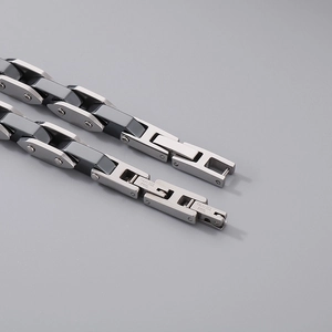 Detail of stainless steel and black ceramic watch-style bracelet links with clasp