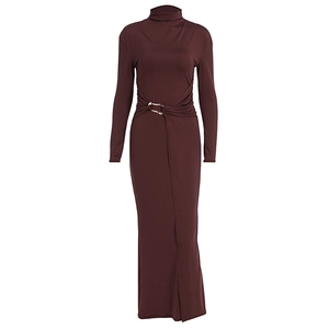 Detail of burgundy dress featuring elegant waist ruching and a stylish metal ring buckle