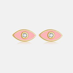 Detailed macro view of pink enamel evil eye stud earrings with cubic zirconia and gold plating