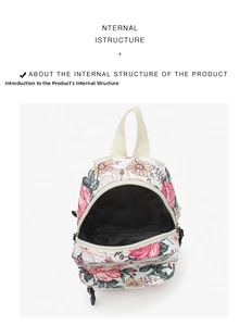 Detailed top view showing internal compartment and floral canvas backpack opening
