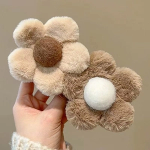 Brown plush flower claw clip set with soft faux fur texture for women's hair styling