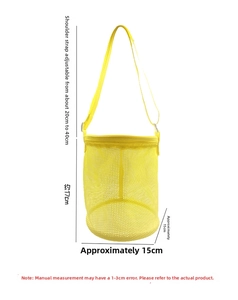 Detail view of yellow mesh beach bag with adjustable strap and dimension measurements