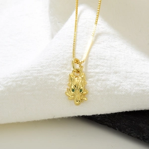 18k gold plated wolf head pendant necklace with green zircon eyes on box chain