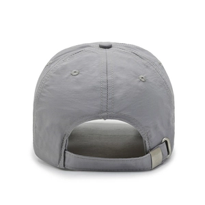 Quick-dry grey baseball cap with reflective strip and adjustable metal buckle back view