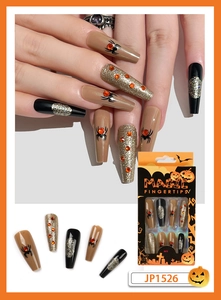 Detailed Halloween press-on nails set featuring spider patterns and orange rhinestones