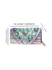 Ethnic style PU leather long wallet with mosaic geometric patterns and size dimensions