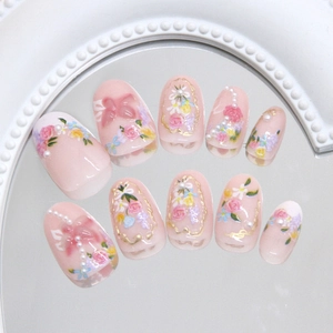French floral press-on nails with 3D bows, pearls and hand-painted roses on 10pc set