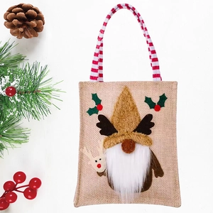 Linen Christmas gift bag featuring a 3D gnome with reindeer antlers and striped handle