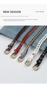 Detail of five woven vintage skinny belts in various colors with metallic pin buckles