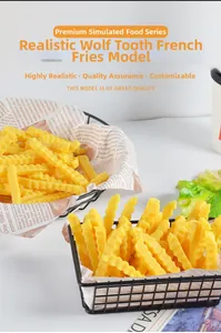 Realistic PVC crinkle cut fries model displayed in an industrial iron basket with liners