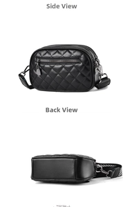 Detailed side and bottom views of black quilted crossbody bag with wide striped strap