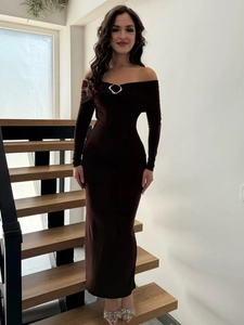 Elegant dark brown off-shoulder maxi dress with gold ring detail and slim fit cut