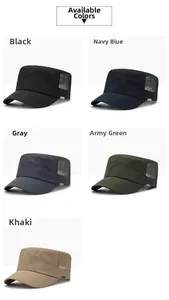 Flat top cap color options in black navy grey army green and khaki with mesh vents