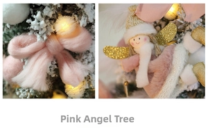 Detail of pink knitted bow and plush angel ornament with gold wings on Christmas tree