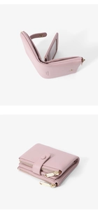 Pink PU leather wallet details showing card slots and snap button closure
