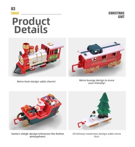 Detailed view of vintage Christmas train set with locomotive and festive themed carriages