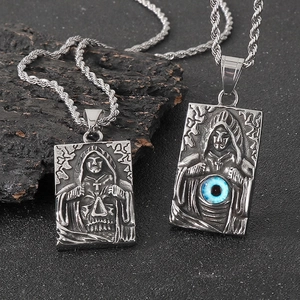 Gothic Grim Reaper Pendant Necklace Stainless Steel Evil Eye Skull Cross Vintage Punk Jewelry For Men Embossed