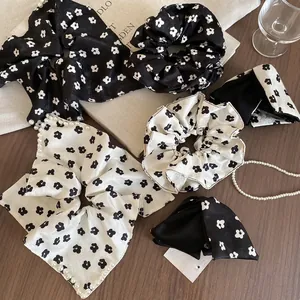 Floral Print Hair Scrunchies Oversized Satin Fabric Bow Knot Hair Clip Elegant Retro French Style Artificial Pearl Decor For Women