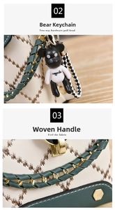 Detail of minimalist cream mini square bag with green accents and bear charm accessory