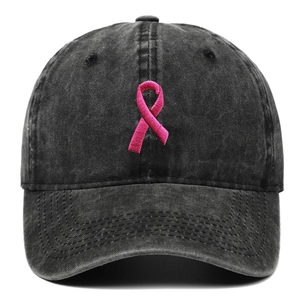 Casquette de baseball en coton lavé noir avec broderie ruban rose contre le cancer du sein