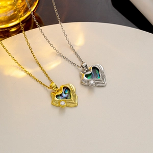 Ins Style Abalone Shell Heart Pendant Necklace For Women Titanium Steel Gold Silver Rhinestone Inlaid Clavicle Chain Jewelry