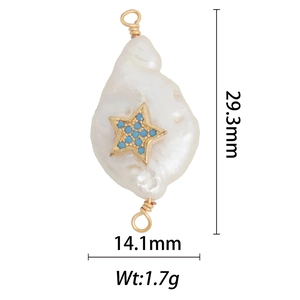 Detail of natural baroque pearl pendant with gold star inlay and size measurements