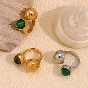 18K gold and silver plated open rings with green agate and tiger eye on stone