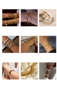 Detailed collection of minimalist gold and silver titanium steel bangles in various textures