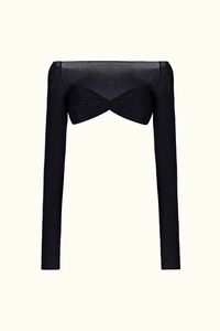 Detail of black off-shoulder long sleeve crop top with ruched front and mesh texture