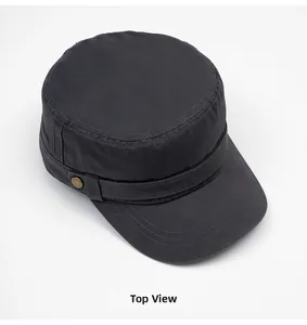 Top view of black washed cotton cadet cap with bronze side button and reinforced stitching