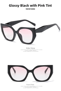 Detail view of glossy black cat-eye glasses frame with pink gradient lenses and side profile