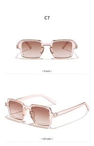 Detailed front and side view of square sunglasses in transparent pink frame with brown lenses