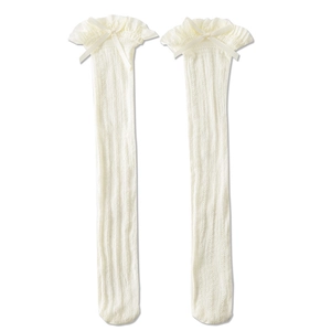 Japanese style white mid-calf socks with elegant lace trim and ribbon bow detail