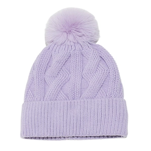 Winter lavender knit beanie with diamond cable texture and large faux fur pompom