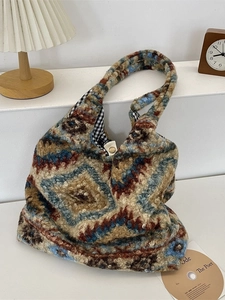 Retro plaid plush tote bag with bohemian geometric patterns and magnetic buckle closure