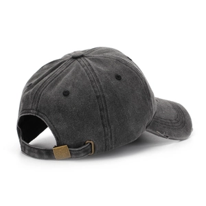 Vintage washed dark grey cotton baseball cap with adjustable metal strap buckle