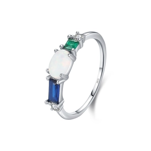 Vintage S925 silver ring featuring white opal, emerald, and sapphire colorful stones
