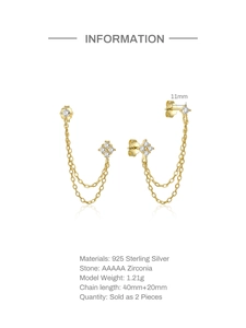 Detailed macro view showing S925 sterling silver chain earrings with AAAAA zircon stones