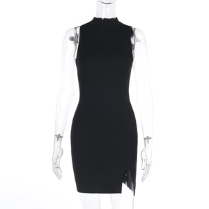 Detail of black sleeveless high-neck knit dress featuring a subtle side slit and ribbed texture