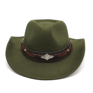 Detailed texture of olive green felt cowboy hat with leather band and metal studs